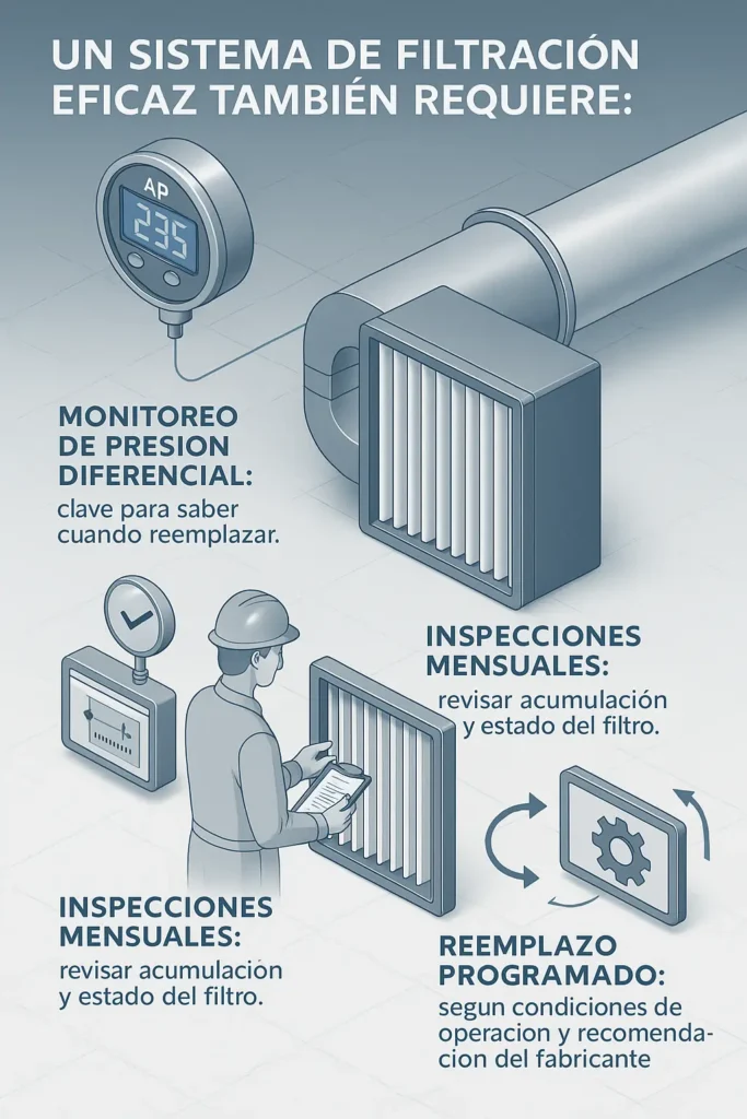 Mantenimiento de sistemas de filtración de aire industrial: monitoreo de presión diferencial, inspecciones mensuales y reemplazo programado de filtros