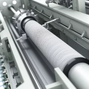 Un vistazo detallado a la maquinaria avanzada y el proceso de producción de medios filtrantes, destacando la precisión y eficiencia tecnológica en la fabricación de soluciones de filtración de aire de última generación