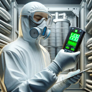Técnico con traje de protección y mascarilla inspecciona un cuarto limpio utilizando un dispositivo electrónico, rodeado de equipo especializado, asegurando condiciones óptimas de filtración de aire.