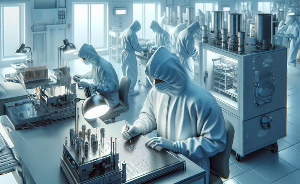 Personal con trajes de protección trabajando en un cuarto limpio, realizando tareas de precisión en un entorno controlado para evitar la contaminación por partículas, esencial en industrias como la farmacéutica y electrónica.