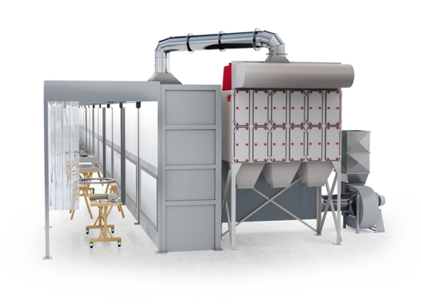 Sistema de colector de polvo AAF instalado en una línea de esmerilado industrial, capturando partículas generadas durante el proceso. Este equipo avanzado mejora la calidad del aire y asegura un entorno de trabajo limpio y seguro