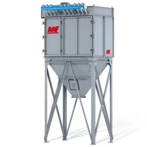 FabriPulse® M, mostrando su diseño compacto y accesible con puertas laterales para un fácil cambio de las bolsas de filtro, ideal para plantas con limitaciones de altura y grandes concentraciones de polvo.