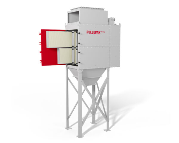 Colector de polvo industrial PulsePak Prime de AAF con puerta abierta, mostrando su sistema interno de filtros. Diseñado para una alta eficiencia en la captura de partículas y fácil mantenimiento en aplicaciones industriales.