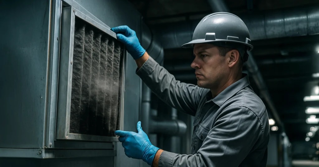 Técnico de mantenimiento sostiene un filtro de aire industrial colmatado frente a un housing vacío, con tuberías HVAC