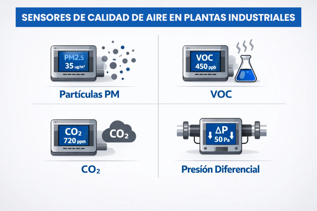 Infografía comparativa de sensores industriales para monitorear calidad de aire: PM, VOC, CO₂ y presión diferencial.