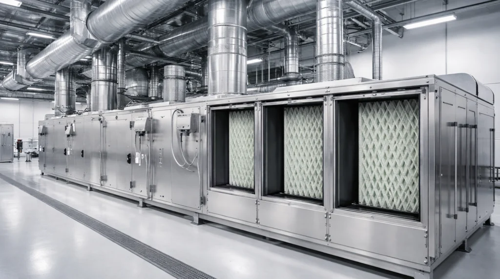 Sistema HVAC industrial con filtros de aire y ductos metálicos, punto típico de instalación para sensores de calidad de aire en plantas.