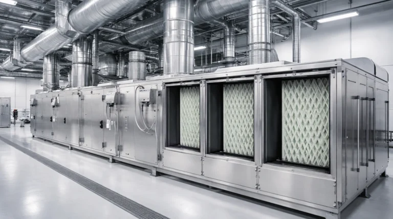 Sistema HVAC industrial con filtros de aire y ductos metálicos, punto típico de instalación para sensores de calidad de aire en plantas.