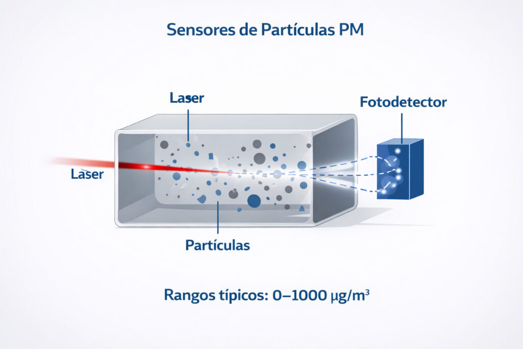 Funcionamiento de sensores PM en plantas industriales mediante dispersión de luz láser y detección óptica de partículas.