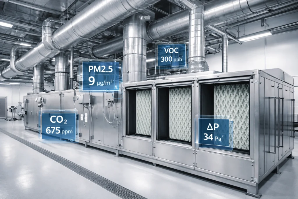 Sensores de calidad de aire midiendo PM2.5, VOC, CO₂ y presión diferencial en una unidad HVAC con filtros de aire en planta industrial.