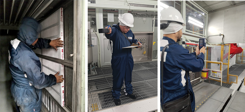 Cabina de pintura industrial en planta automotriz con sistema de filtros de aire de alta eficiencia instalado, mostrando un ambiente limpio y controlado que reduce partículas en suspensión y mejora el acabado final de las piezas pintadas.