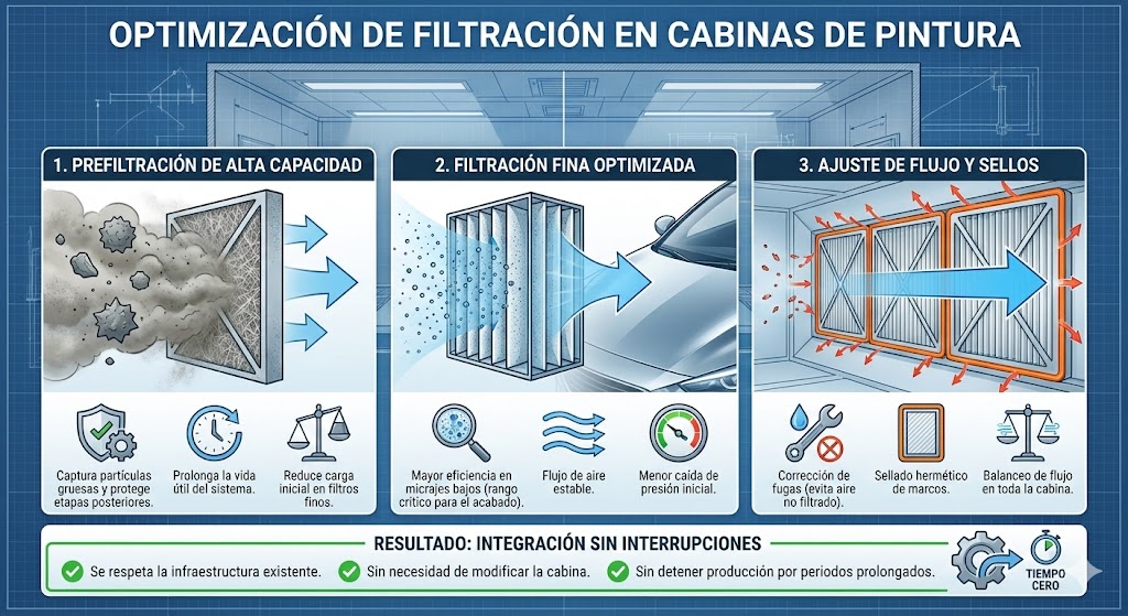 optimización de filtración en cabinas de pintura industrial que muestra prefiltración de alta capacidad, filtración fina optimizada y ajuste de flujo y sellos para mejorar la calidad del aire, el acabado superficial y mantener la producción sin interrupciones.